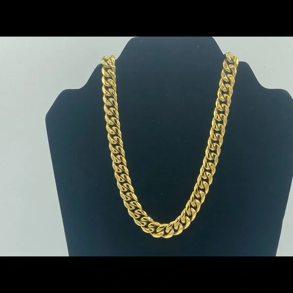 14k Yellow Gold Plated Stainless Steel Cuban Link Chain Necklace 10-12mm 18" 20" - Picture 1 of 4